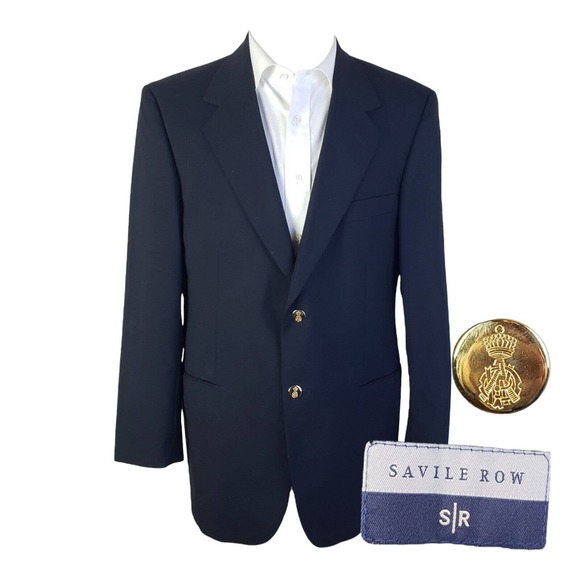 Savile Row Navy Blue Two Gold Buttons Wool Blazer Mens 40R - Picture 1 of 9